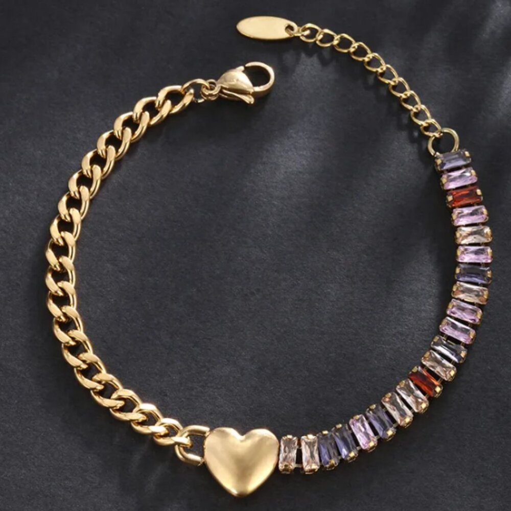 18K Gold Plated Stainless Steel Cuban Chain Multicolor Zircon Women Bracelet